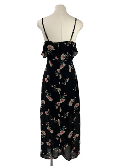 Cassidy Floral Drop Shoulder Maxi Slit Dress - Black