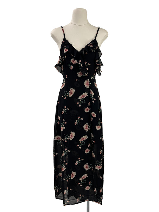 Cassidy Floral Drop Shoulder Maxi Slit Dress - Black