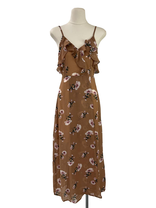 Cassidy Floral Drop Shoulder Maxi Slit Dress - Brown