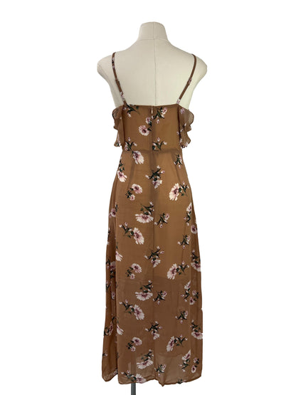 Cassidy Floral Drop Shoulder Maxi Slit Dress - Brown