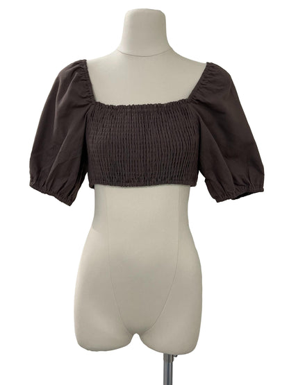 Fiona Smocked Puffy Sleeve Top - Brown