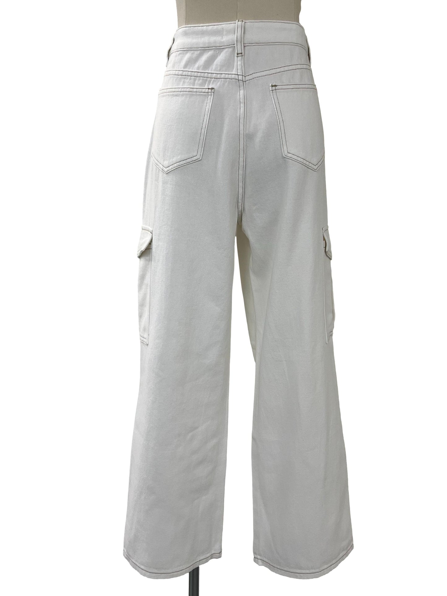 White Contrast Stitch Cargo Pants - White