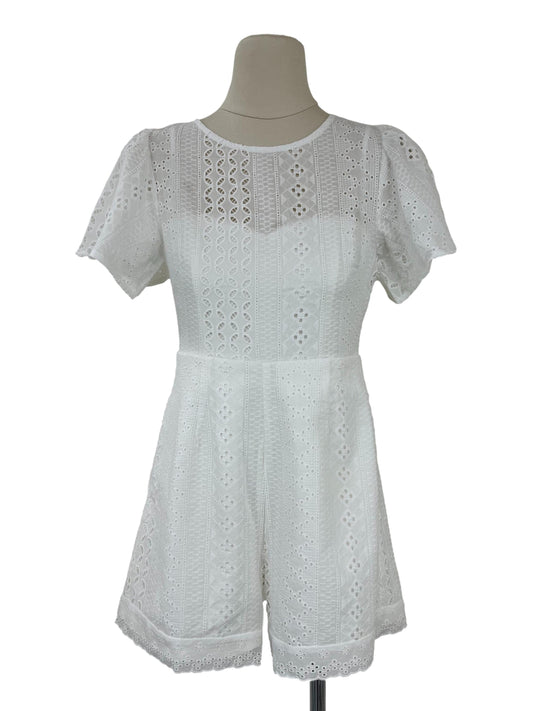 Flare Sleeeved Eyelet Romper - White