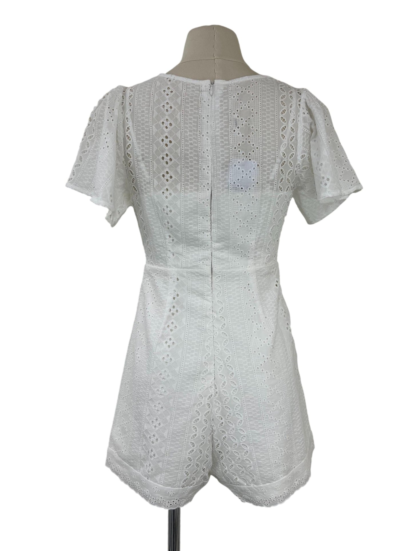 Flare Sleeeved Eyelet Romper - White