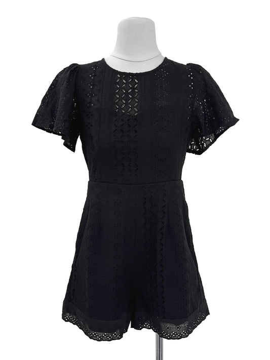 Flare Sleeeved Eyelet Romper - Black