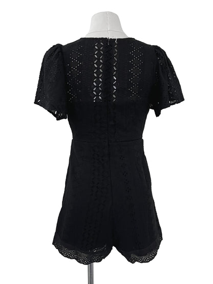 Flare Sleeeved Eyelet Romper - Black