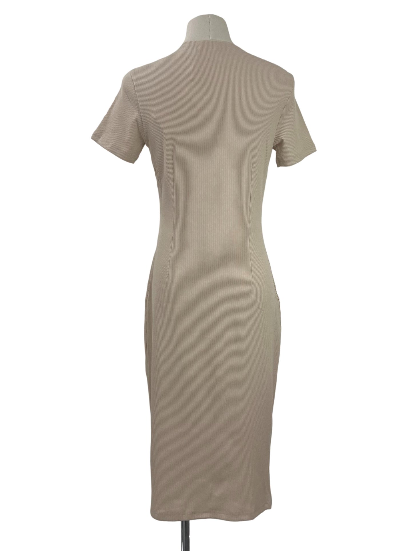 Ribbed V Neck Bodycon Dress - Beige