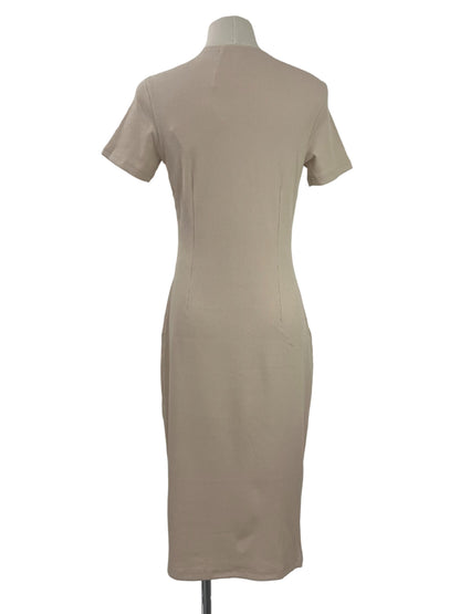 Ribbed V Neck Bodycon Dress - Beige