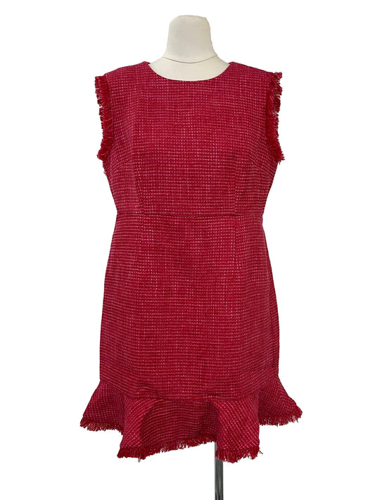 Fringe Trim Flared Hem Tweed Dress - Red