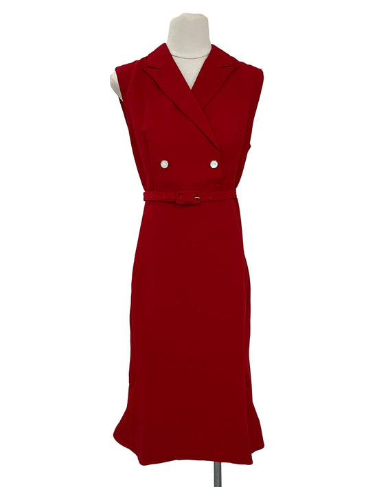 Flared Hem Belted Midi Dress - Red