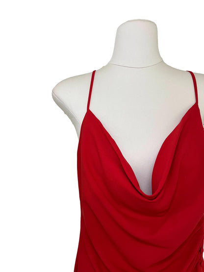 Cowl Neck Ruched Dress - Red