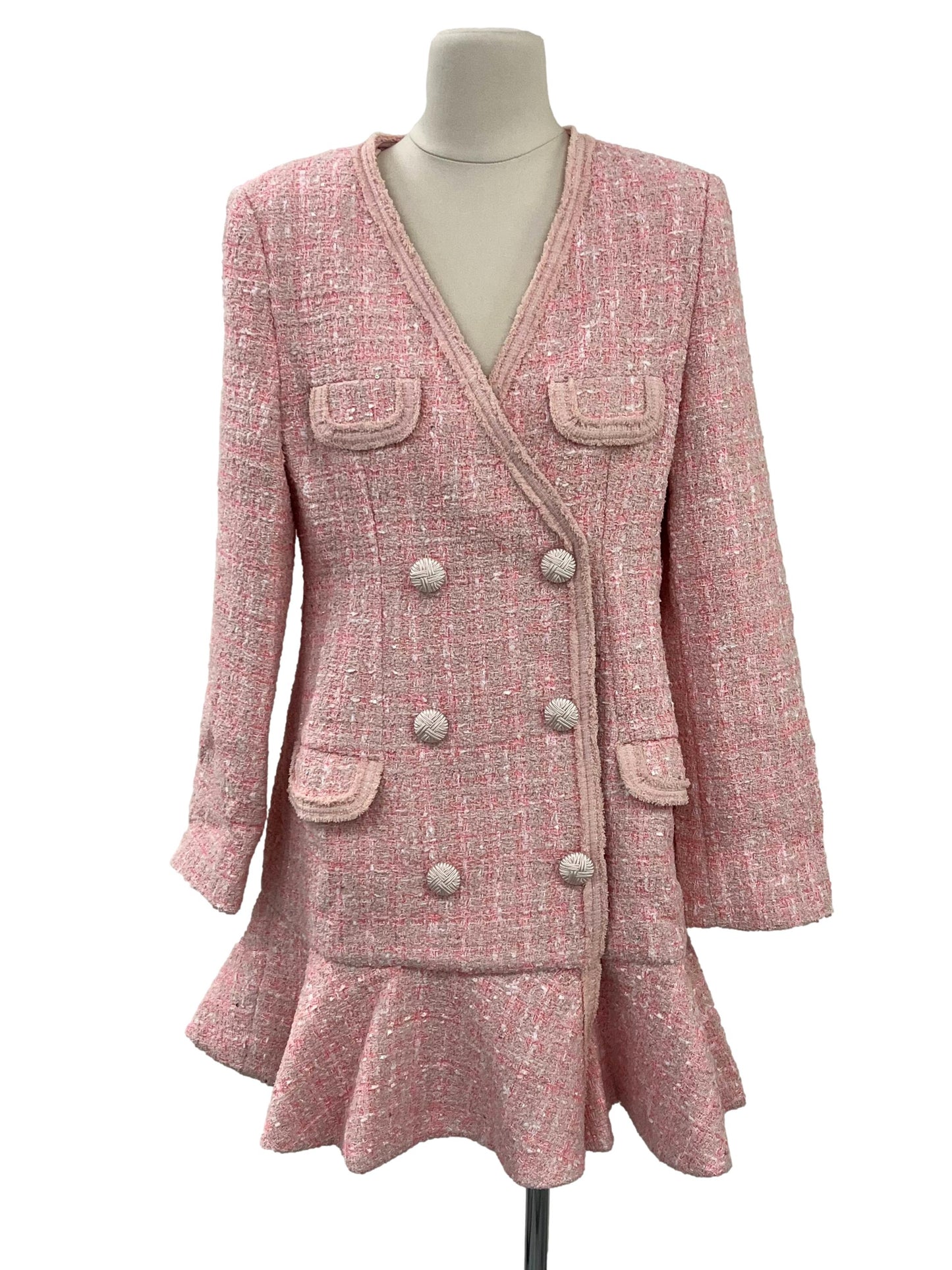 Double Breasted Ruffled Hem Tweed Dress - Pink