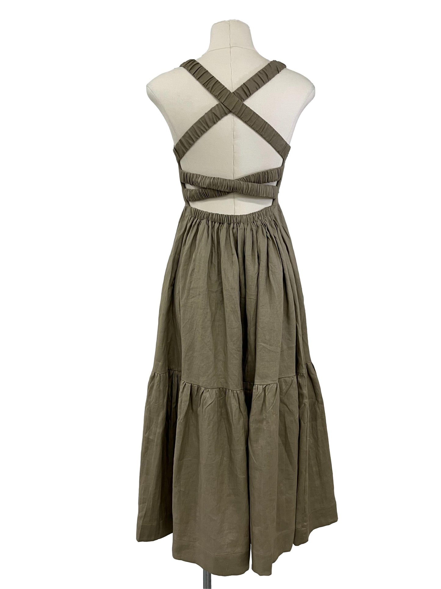 Eulalie Linen Cross-Back Dress - Khaki